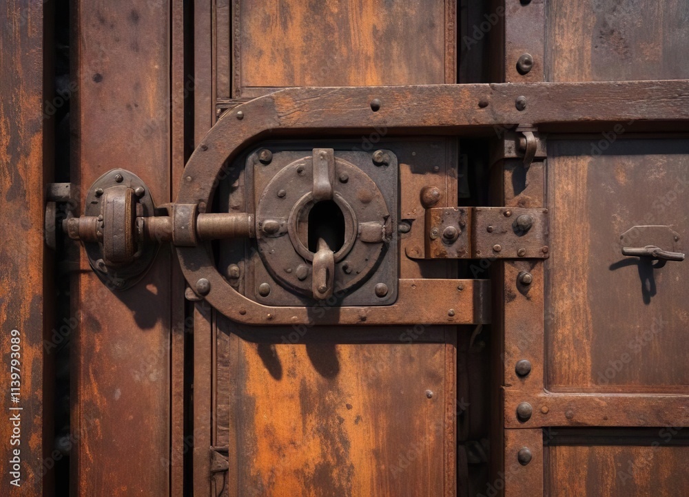 Ancient metal lock with rusted hinges and broken mechanism, relic, machinery, metallic Ancient metal lock with rusted hinges and broken mechanism, relic, machinery, metallic