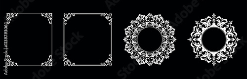 Set of decorative frames Elegant vector element for design in Eastern style, place for text. Floral black and white borders. Lace illustration for invitations and greeting cards.