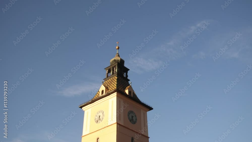 Tilt Up View Of Brasov City Hall Clock Tower, Building And Architecture, Romania