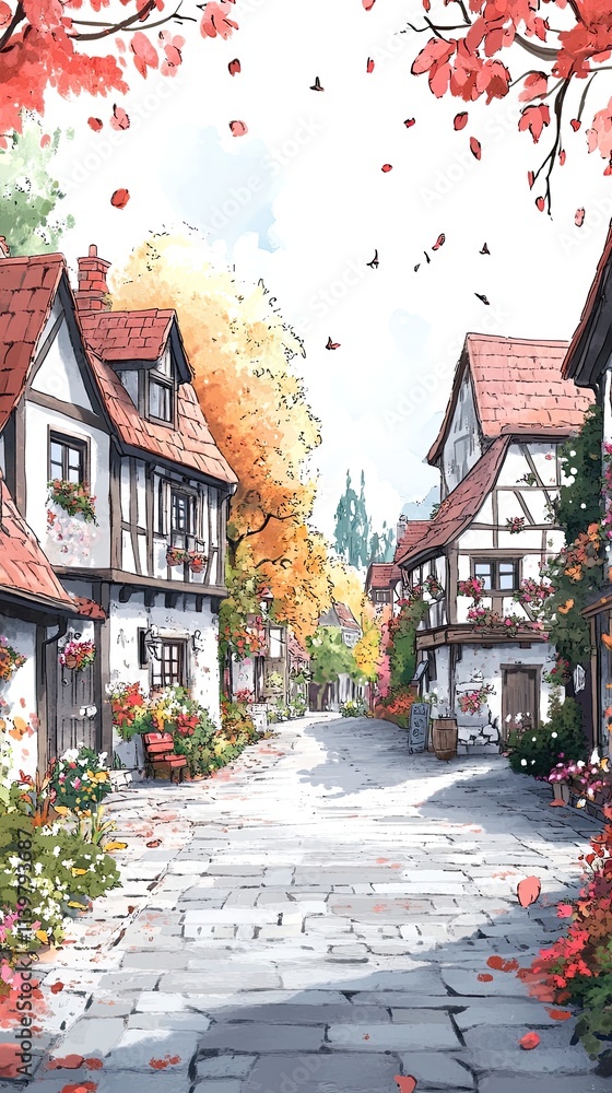 Obraz premium A quaint, cobblestone street lined with charming, white-walled houses in a picturesque European village. Autumn leaves fall from trees in the background.