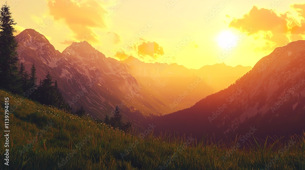 Sunset in the mountain valley. Beautiful natural landscape. Sunset in the mountain valley. Beautiful natural landscape.