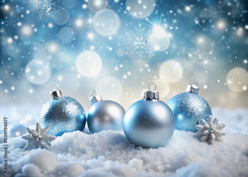 Sparkling silver and blue baubles lay on the snow, embraced by fluttering snowflakes and enchanting bokeh, creating a festive and wintry Christmas scene. Sparkling silver and blue baubles lay on the snow, embraced by fluttering snowflakes and enchanting bokeh, creating a festive and wintry Christmas scene.
