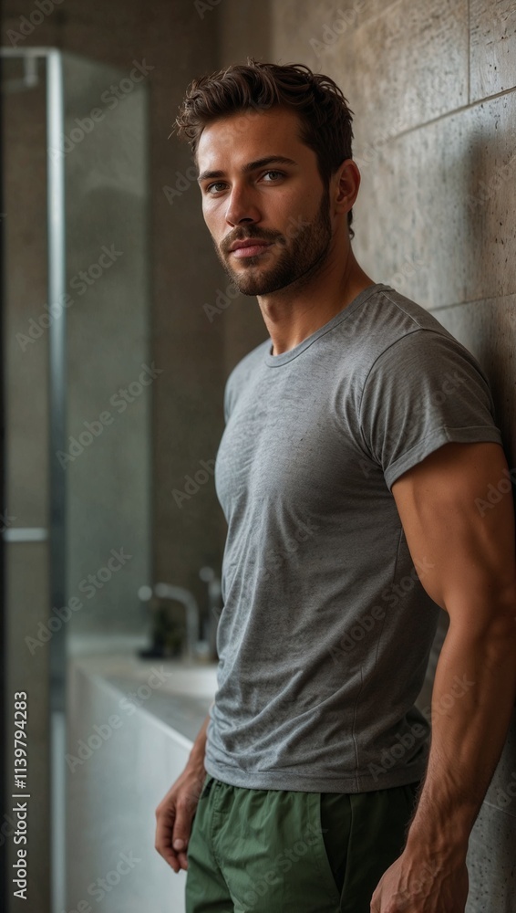 custom made wallpaper toronto digitalHandsome Young Man in Gray T-Shirt Leaning Against Modern Bathroom Wall