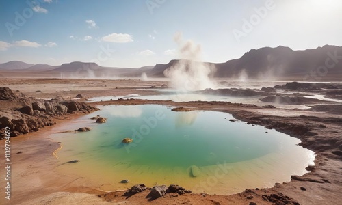 Hot springs and geysers in the Danakil Depression with a sulfur lake in the background , Berhale, Danakil Depression photo