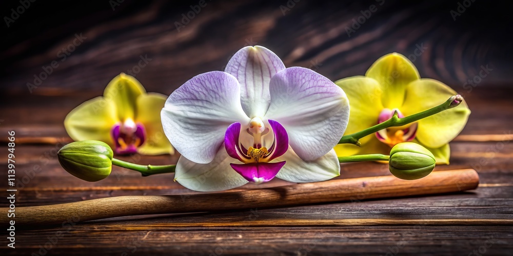 Smiling Orchid Bloom: White Purple Yellow Flower Macro Photography, Wooden Background, Close-up, Nature, Botany Smiling Orchid Bloom: White Purple Yellow Flower Macro Photography, Wooden Background, Close-up, Nature, Botany