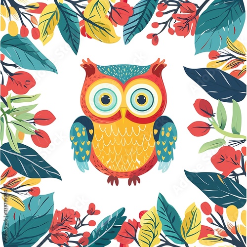 Colorful owl illustration surrounded by vibrant leaves and flowers nature art whimsical environment playful viewpoint photo