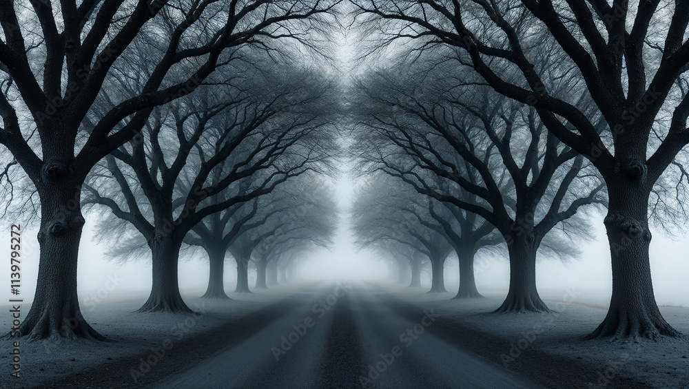 Fototapeta premium Dark mysterious road disappearing into fog surrounded by bare trees