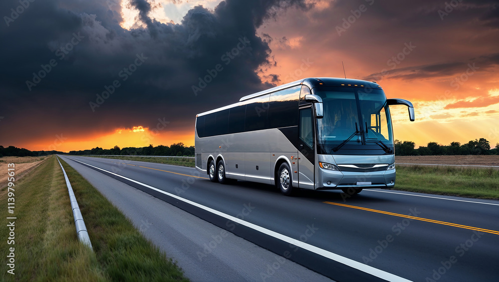 Obraz premium Silver coach bus traveling on highway at sunset under storm clouds