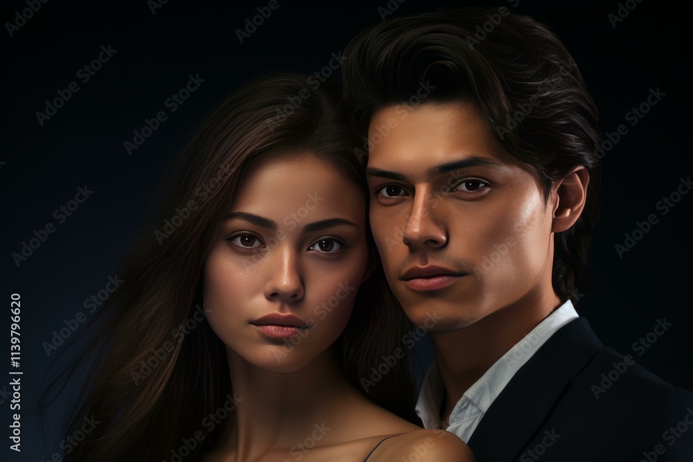 Two fashion models are posing together in a studio setting with dramatic lighting, creating a glamorous and intimate atmosphere Two fashion models are posing together in a studio setting with dramatic lighting, creating a glamorous and intimate atmosphere