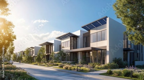 Row of modern townhouses with solar panels under bright sun