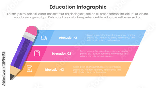 education infographic template banner with skew pencil and rectangle box container with 3 point for slide presentation