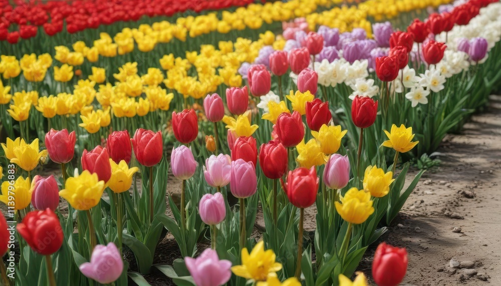 Close-up view of colorful tulips and daffodils , closeup, horizontal, beautiful Close-up view of colorful tulips and daffodils , closeup, horizontal, beautiful