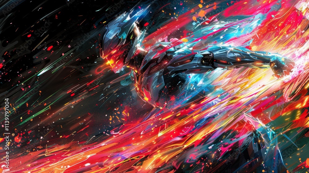 Futuristic cyborg running, vibrant energy trails. Futuristic cyborg running, vibrant energy trails.