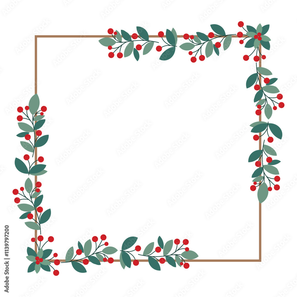 Square Wreath Or Frame With Red Cherry Berries And Green Leaves Square Wreath Or Frame With Red Cherry Berries And Green Leaves