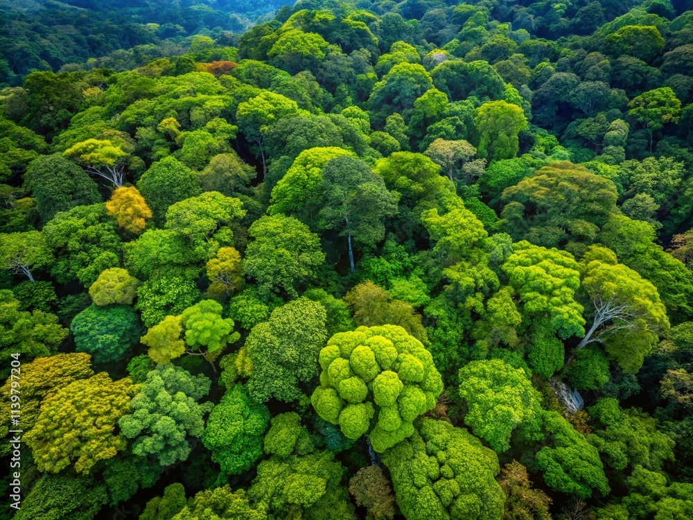 Naklejka premium Stunning aerial perspective of lush rainforest canopy showcasing vibrant greenery, rich biodiversity, and natural beauty, all artfully composed using the rule of thirds.