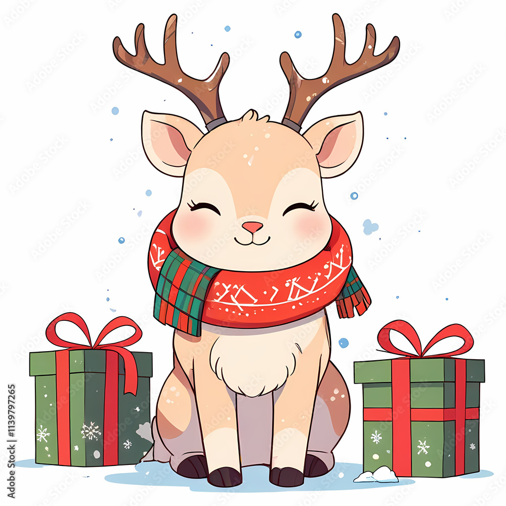 Naklejka premium Style and Type: The image is a cartoon illustration with bold and bold lines. Layout: The main subject is a chibi vector style snow deer. Subject: The snow deer has a simple design with thick fur, and