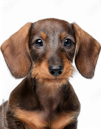 Retrato de estudio de un perro de raza  sentado aislado sobre fondo blanco photo