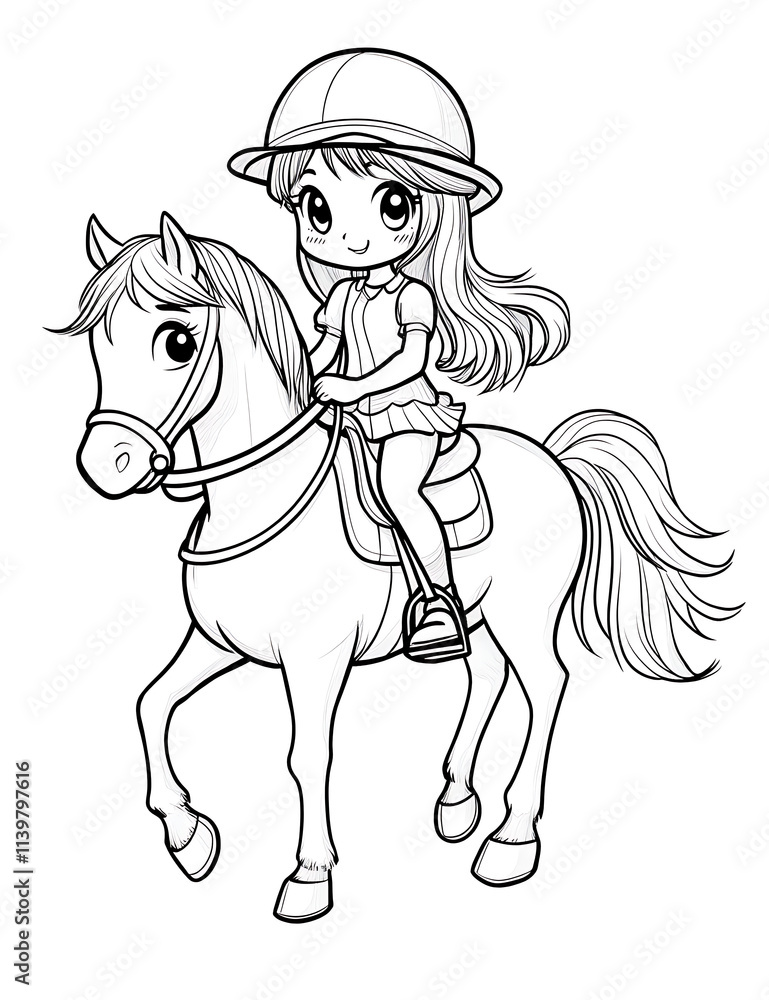 Adorable Girl Riding a Horse - Cute Line Art Coloring Book Illustration Adorable Girl Riding a Horse - Cute Line Art Coloring Book Illustration