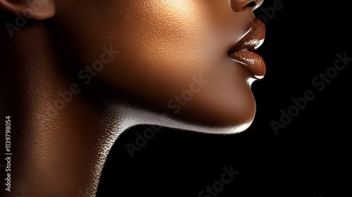 African American woman studio portrait, close-up of radiant smooth skin, confident gaze with a natural and empowering presence, soft lighting