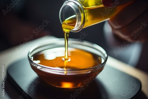 Close up of oil being poured into glass bowl, perfect for culinary or food related projects photo