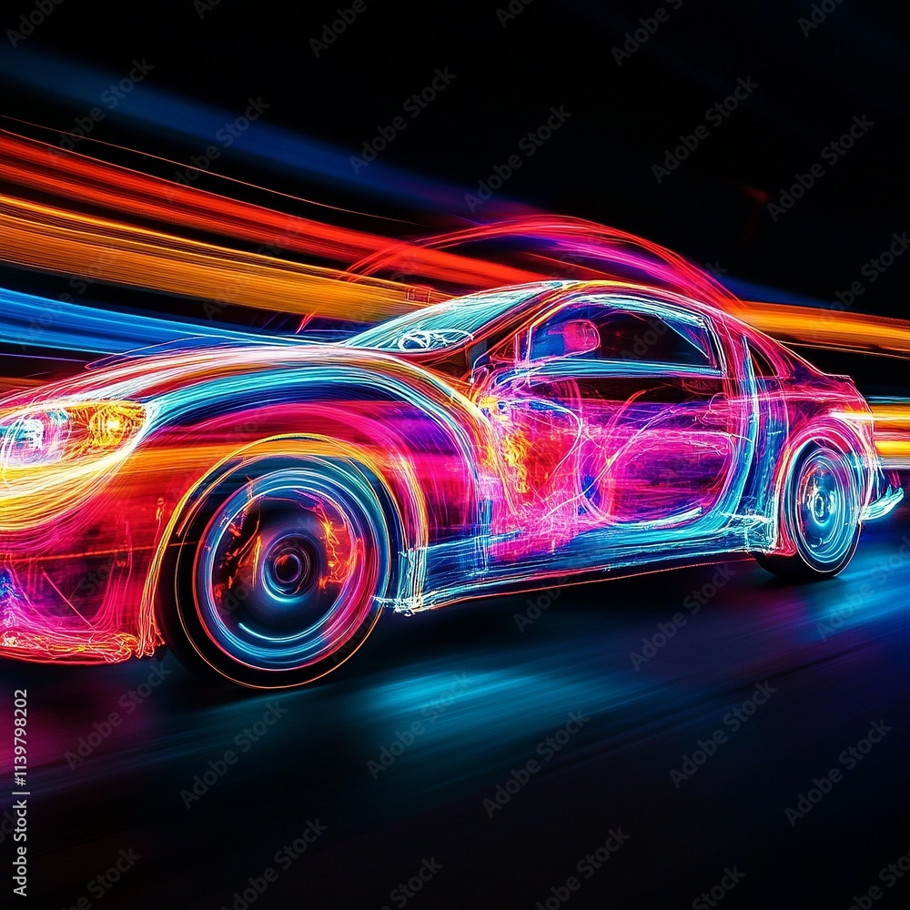 creative light painting of a car, long exposure shutter speed forming abstract trails, vibrant colors, creative light painting of a car, long exposure shutter speed forming abstract trails, vibrant colors,