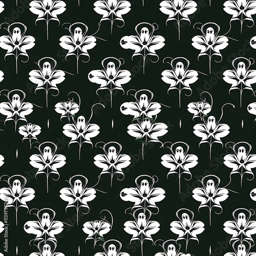 Wallpaper Mural Ghostly Blooms: A haunting and elegant seamless pattern, featuring ghostly figures nestled within stylized floral blooms. Torontodigital.ca