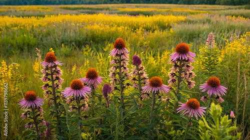 Coneflowers, goldenrod and blazing star combine to create a bouquet of native wildflowers in a restored prairie