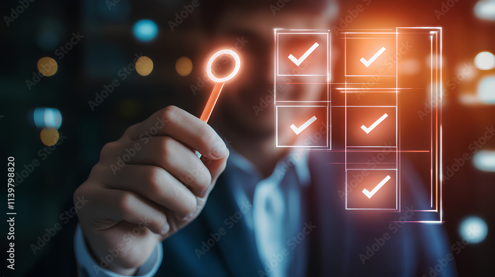 Businessman touching to tick correct mark in checklist with progressive loading status to remind work task progressive for project develop management and tracking concept Businessman touching to tick correct mark in checklist with progressive loading status to remind work task progressive for project develop management and tracking concept