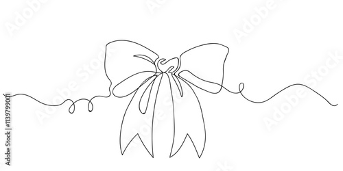 Minimalistic ribbon bow in continuous line art drawing style. Festive bow-knot black linear design isolated on white background. Vector illustration