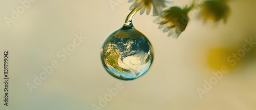 Water Droplet Reflecting Earth, Symbolizing Water Conservation on World Water Day