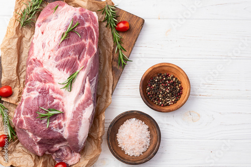 Neck of raw pork meat . Top view