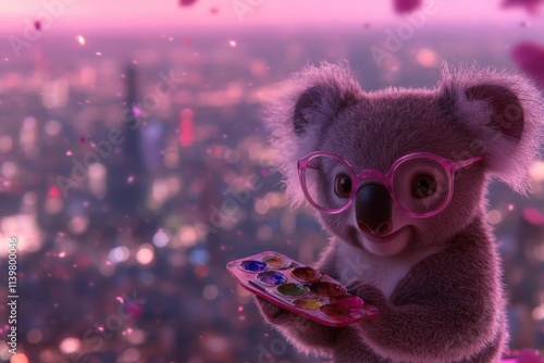 Cute koala artist with glasses paints city view. photo