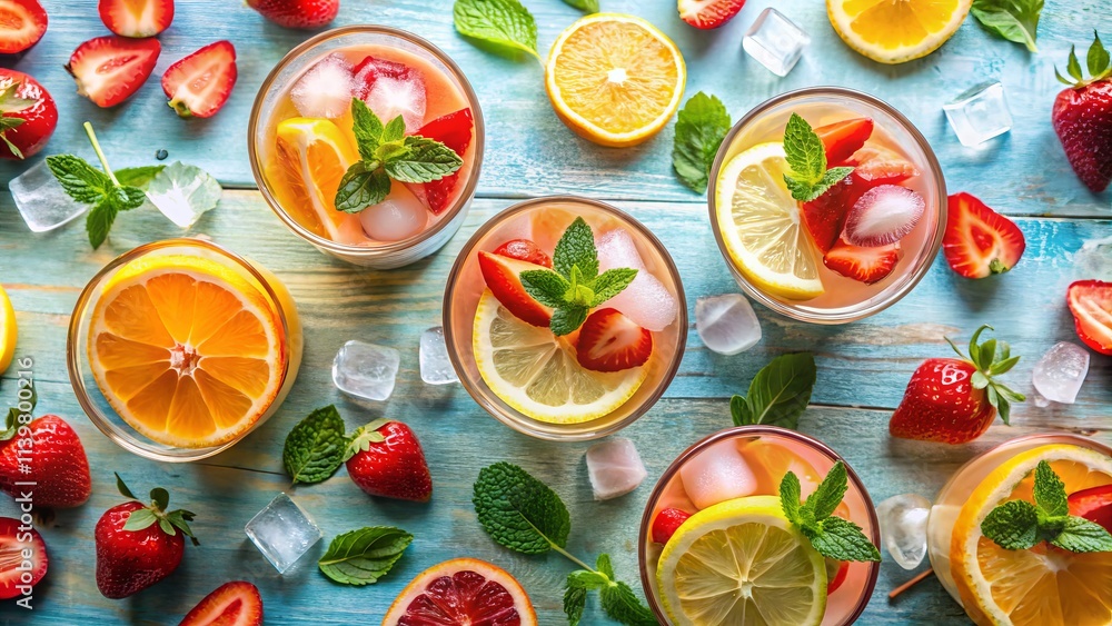Summer Mocktails: Overhead Flat Lay of Refreshing Citrus & Strawberry Lemonades, Cold Drinks, Healthy Recipes Summer Mocktails: Overhead Flat Lay of Refreshing Citrus & Strawberry Lemonades, Cold Drinks, Healthy Recipes