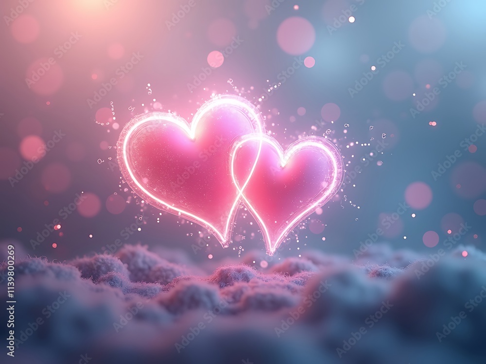 Two Intertwined Glowing Hearts Above a Soft Surface Two Intertwined Glowing Hearts Above a Soft Surface