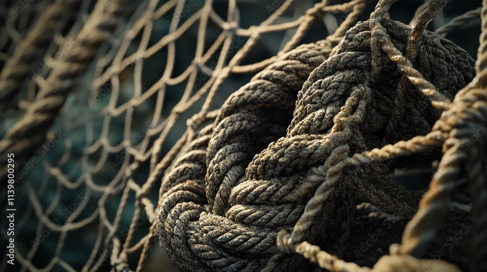 Fototapeta premium Thick, weathered rope coiled in net.