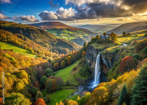 Stunning vista of Pistyll Rhaeadr Waterfall in afternoon light, framed by rolling hills and distant mountains, creating a serene natural landscape with ample copy space. photo