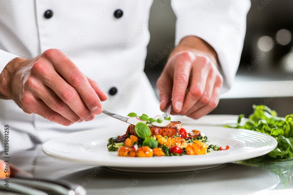 Master chef's hands plating gourmet dish with precision in restaurant kitchen Master chef's hands plating gourmet dish with precision in restaurant kitchen