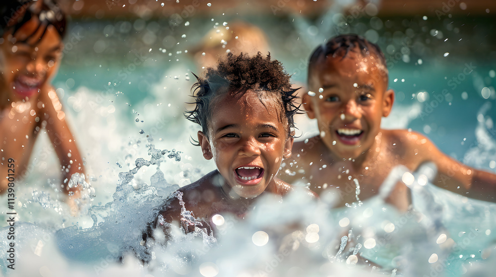 Happy children splashing in a swimming pool on a sunny day Happy children splashing in a swimming pool on a sunny day