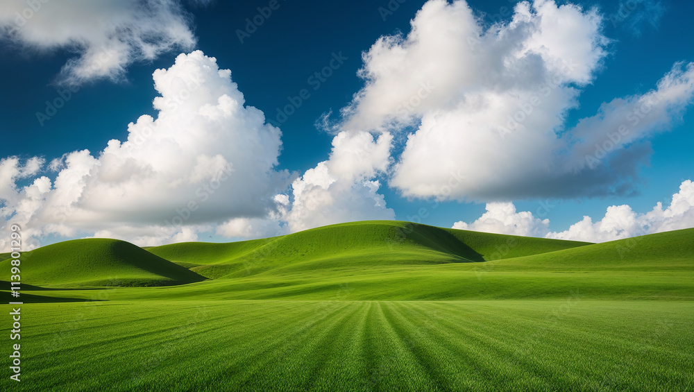 Obraz premium Rolling green hills and farmland stretching under a cloudy blue sky