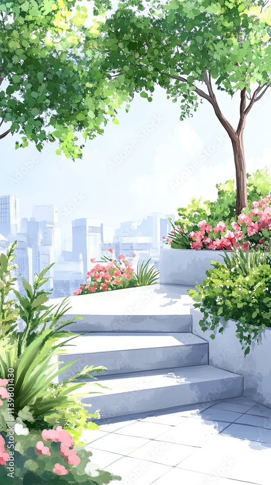 A staircase leads up to a rooftop garden overlooking a cityscape, with lush greenery and vibrant pink flowers blooming. A staircase leads up to a rooftop garden overlooking a cityscape, with lush greenery and vibrant pink flowers blooming.