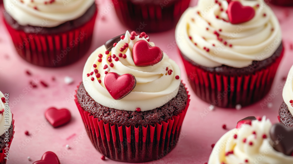 Close up of red velvet cupcakes with buttercream icing and heart-shaped sprinkles, Valentine's Day treats Close up of red velvet cupcakes with buttercream icing and heart-shaped sprinkles, Valentine's Day treats