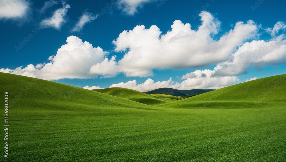 Fototapeta premium Rolling green hills stretching under a cloudy blue sky
