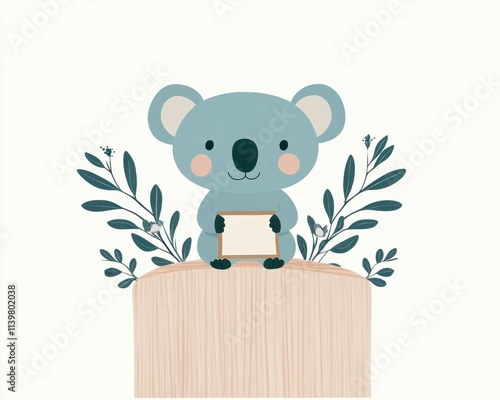 Cute koala holding blank sign, sitting on wood, surrounded by leaves. photo