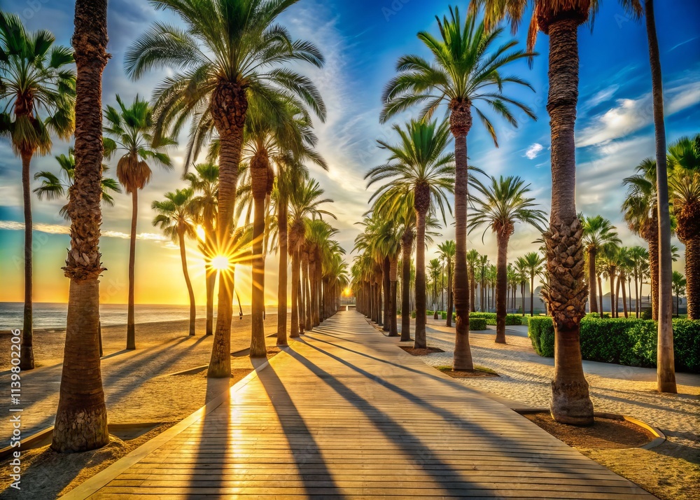 Valencia Beach Palm Trees Promenade: Sunny Day Walkway, La Malvarrosa Coastline, Spain Valencia Beach Palm Trees Promenade: Sunny Day Walkway, La Malvarrosa Coastline, Spain