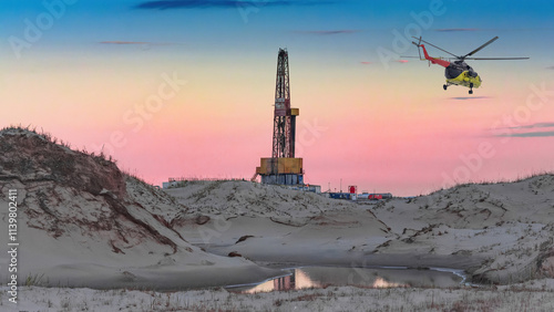 Oil and gas field in the Arctic. Summer. Sandy landscape with small lakes. Drilling rig. Flying helicopter