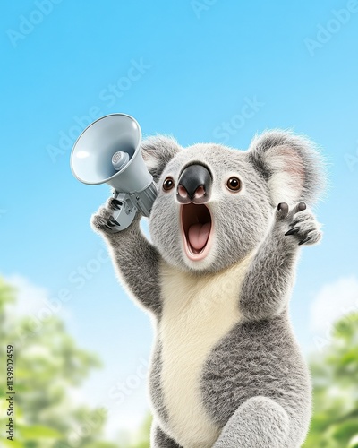 Cute koala holding megaphone, announcing. photo