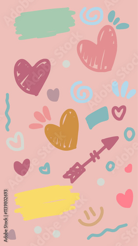 HAND DRAWING DOODLE LOVE WITH COLORFULL PASTEL AND PINK BACKGORUND
