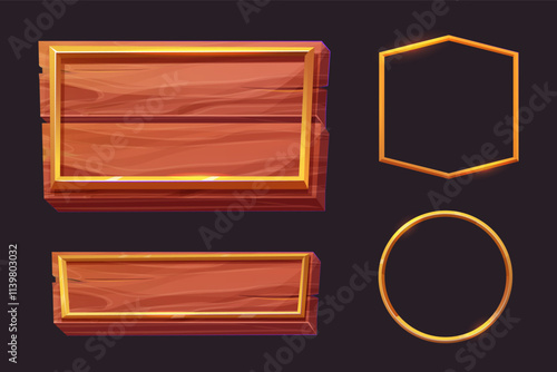 Golden frame wooden plank game medieval menu, user interface shiny border. Empty borders in medieval style, fantasy decoration different shapes isolated on dark background. 