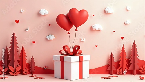 Festive Paper Art with Heart Balloons and Gift Box for Special Occasions like Mother’s Day, Birthday, and Anniversary