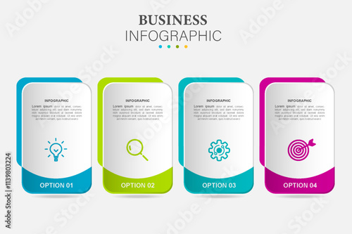 Infographic business label template with 4 icons and options. Can be used for presentations, web sites, diagram